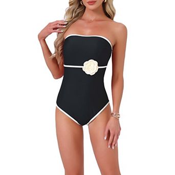 Women's Bandeau Monokini, 1 pc Edge Contrast Color Tummy Control Monokini Swimwear Bathing Suit