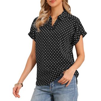 Short Sleeve Blouses for Women Business Casual Polka Dots Print V Neck Work Office Tops