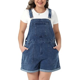 Women's Plus Size Denim Overall Shorts Adjustable Straps Roll Hem 5 Pocket Jumpsuit Bib Shortalls