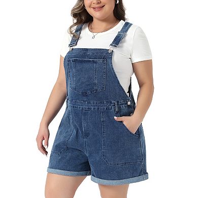 Women's Plus Size Denim Overall Shorts Adjustable Straps Roll Hem 5 Pocket Jumpsuit Bib Shortalls