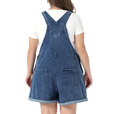 Women's Plus Size Denim Overall Shorts Adjustable Straps Roll Hem 5 Pocket Jumpsuit Bib Shortalls