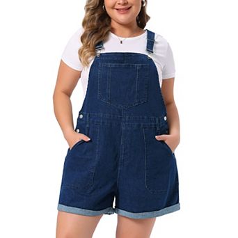 Women's Plus Size Denim Overall Shorts Adjustable Straps Roll Hem 5 Pocket Jumpsuit Bib Shortalls