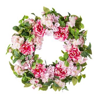 Glitzhome 24"D Pink Hydrangea, Peony & Cherry Wreath Includes a Black Metal Wreath Hanger