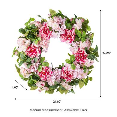 Glitzhome 24"D Pink Hydrangea, Peony & Cherry Wreath Includes a Black Metal Wreath Hanger