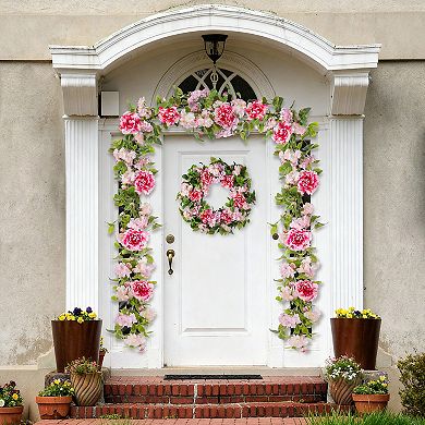 Glitzhome 24"D Pink Hydrangea, Peony & Cherry Wreath Includes a Black Metal Wreath Hanger