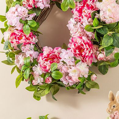 Glitzhome 24"D Pink Hydrangea, Peony & Cherry Wreath Includes a Black Metal Wreath Hanger