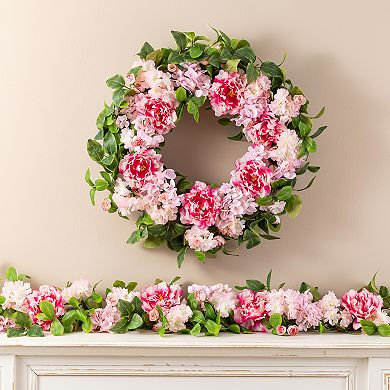 Glitzhome 24"D Pink Hydrangea, Peony & Cherry Wreath Includes a Black Metal Wreath Hanger