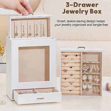 White Leather Jewelry Box with 3 Drawers for Watches, Rings, Earrings