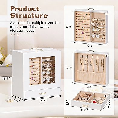 White Leather Jewelry Box with 3 Drawers for Watches, Rings, Earrings