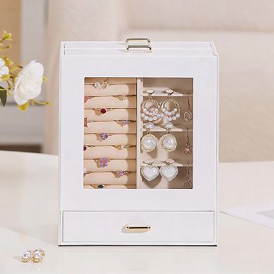 White Leather Jewelry Box with 3 Drawers for Watches, Rings, Earrings