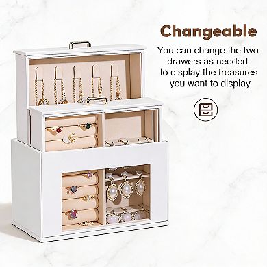 White Leather Jewelry Box with 3 Drawers for Watches, Rings, Earrings