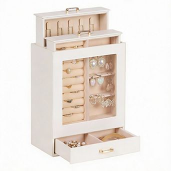 White Leather Jewelry Box with 3 Drawers for Watches, Rings, Earrings