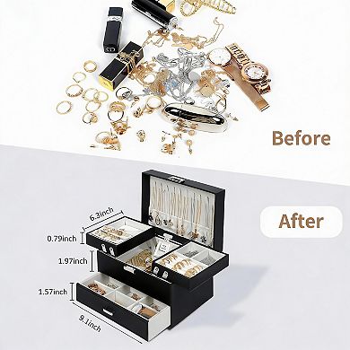 3-Layer Jewelry Organizer Box with Leather & Velvet Lining
