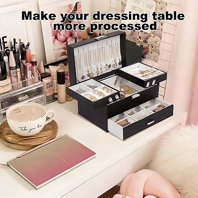 3-Layer Jewelry Organizer Box with Leather & Velvet Lining