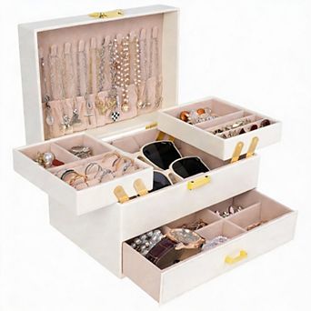 3-Layer Jewelry Organizer Box with Leather & Velvet Lining