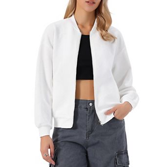 Casual Jacket for Women Textured Crew Neck Solid Color Long Sleeve Bomber Jackets