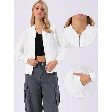 Casual Jacket for Women Textured Crew Neck Solid Color Long Sleeve Bomber Jackets