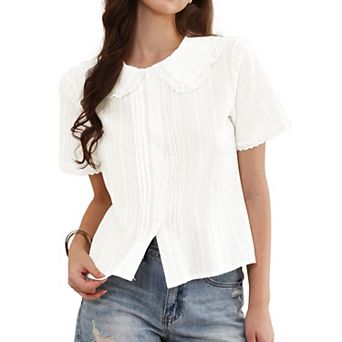 Short Sleeve Shirts for Women Ruffle Peter Pan Collar Button Down Cotton Blouse Casual Summer Tops