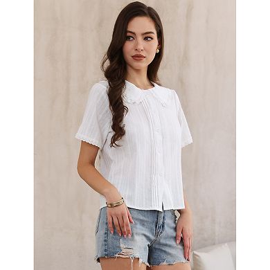 Short Sleeve Shirts for Women Ruffle Peter Pan Collar Button Down Cotton Blouse Casual Summer Tops