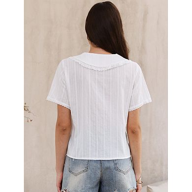 Short Sleeve Shirts for Women Ruffle Peter Pan Collar Button Down Cotton Blouse Casual Summer Tops