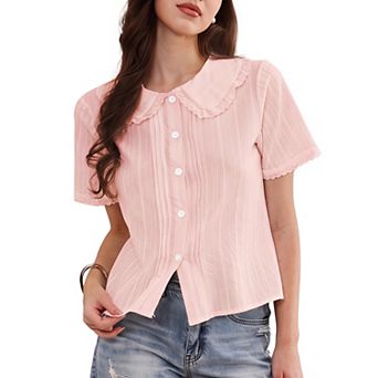 Short Sleeve Shirts for Women Ruffle Peter Pan Collar Button Down Cotton Blouse Casual Summer Tops