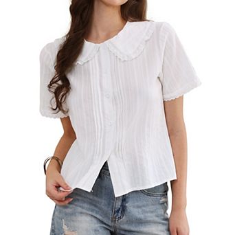 Short Sleeve Shirts for Women Ruffle Peter Pan Collar Button Down Cotton Blouse Casual Summer Tops