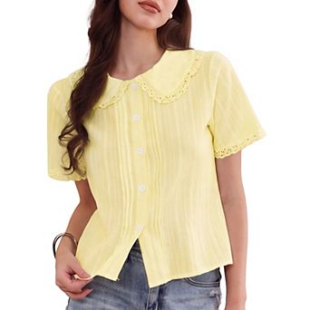 Short Sleeve Shirts for Women Ruffle Peter Pan Collar Button Down Cotton Blouse Casual Summer Tops