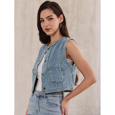 Denim Vest for Women Sleeveless Crew Neck Button Down Western Jean Waistcoat Jacket