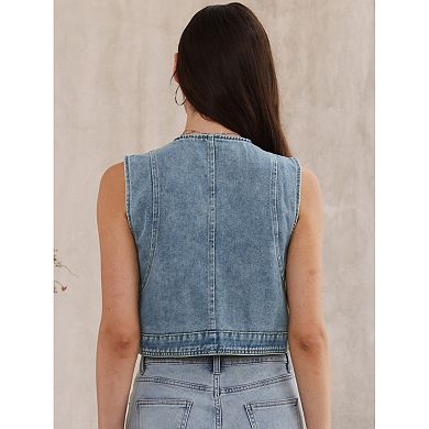 Denim Vest for Women Sleeveless Crew Neck Button Down Western Jean Waistcoat Jacket