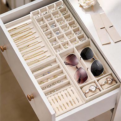 4-Piece Stackable Velvet Jewelry Organizer with Customizable Compartments