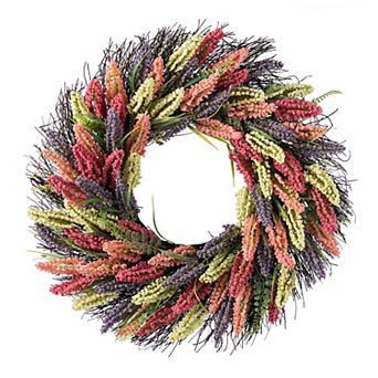 Glitzhome 24"D Pink, Purple & Yellow Mixed Heather Wreath Includes a Black Metal Wreath Hanger