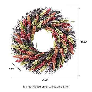Glitzhome 24"D Pink, Purple & Yellow Mixed Heather Wreath Includes a Black Metal Wreath Hanger