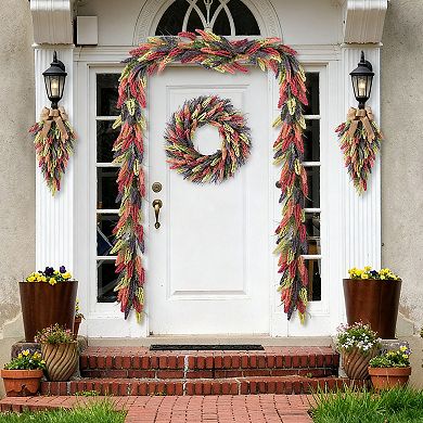 Glitzhome 24"D Pink, Purple & Yellow Mixed Heather Wreath Includes a Black Metal Wreath Hanger