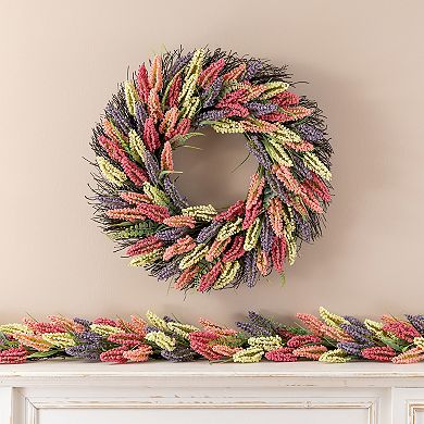 Glitzhome 24"D Pink, Purple & Yellow Mixed Heather Wreath Includes a Black Metal Wreath Hanger