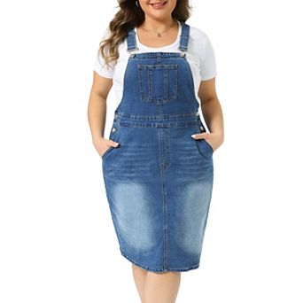 Women's Plus Size Denim Overalls Dress Adjustable Strap Pinafore Bib Jean Dress with Side Pockets