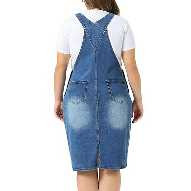 Women's Plus Size Denim Overalls Dress Adjustable Strap Pinafore Bib Jean Dress with Side Pockets