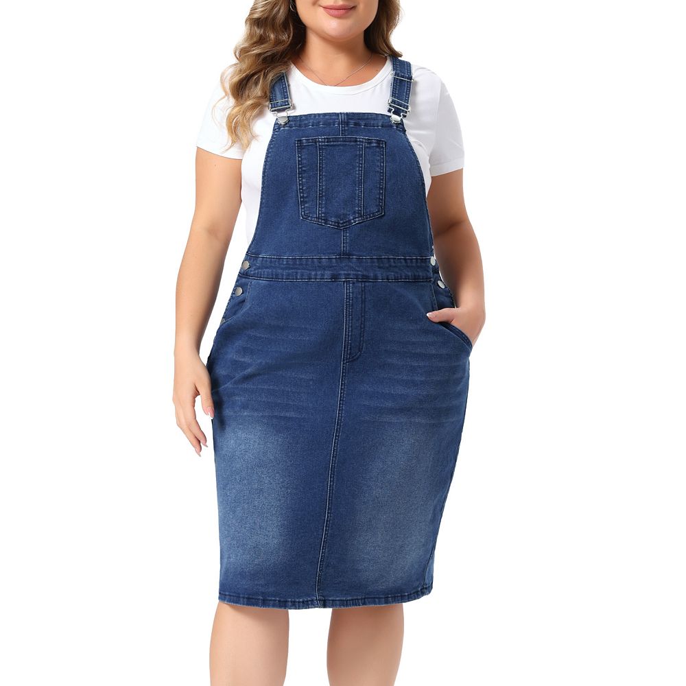 Women's Plus Size Denim Overalls Dress Adjustable Strap Pinafore Bib Jean Dress with Side Pockets