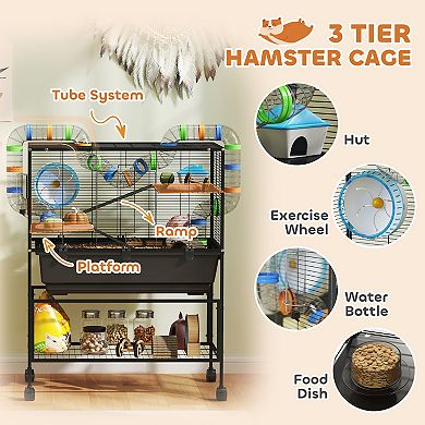 PawHut Hamster Cage, 3 Tier Rolling Rat Cage for Syrian, Gerbil, Mouse