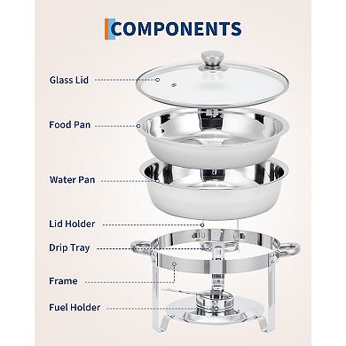 4 Pack Chafing Dishes Set, 5 QT Round Buffet Servers and Food Warmer Set with Glass Lid, Holder
