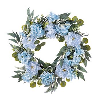 Glitzhome 24"D Blue Peony & Hydrangea Floral Wreath Includes a Black Metal Wreath Hanger