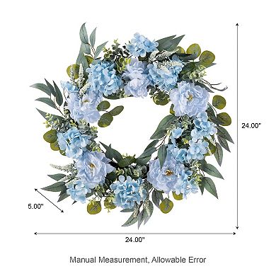Glitzhome 24"D Blue Peony & Hydrangea Floral Wreath Includes a Black Metal Wreath Hanger