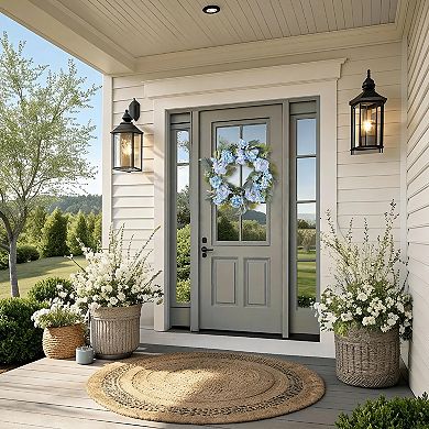 Glitzhome 24"D Blue Peony & Hydrangea Floral Wreath Includes a Black Metal Wreath Hanger