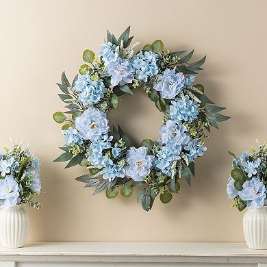 Glitzhome 24"D Blue Peony & Hydrangea Floral Wreath Includes a Black Metal Wreath Hanger