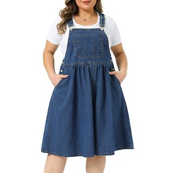 Women's Plus Size Denim Overalls Dress Romper Sleeveless Adjustable Straps Jumper Jean Midi Dresses