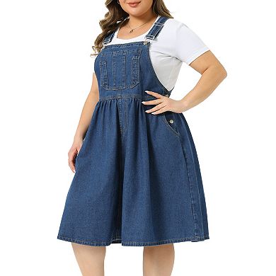 Women's Plus Size Denim Overalls Dress Romper Sleeveless Adjustable Straps Jumper Jean Midi Dresses