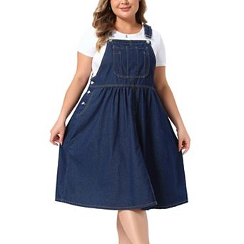 Women's Plus Size Denim Overalls Dress Romper Sleeveless Adjustable Straps Jumper Jean Midi Dresses