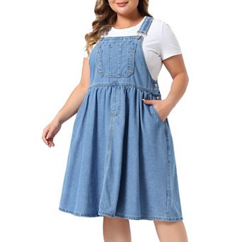 Women's Plus Size Denim Overalls Dress Romper Sleeveless Adjustable Straps Jumper Jean Midi Dresses