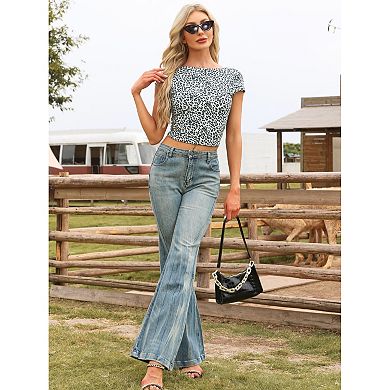 Leopard Print Tops for Women's Boat Neck Backless Slim Fit T-Shirt Crop Top