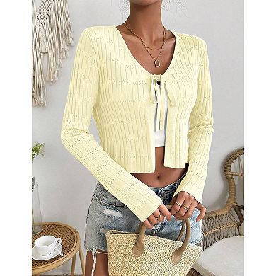 Women's Long Sleeve Knit Cropped Cardigan Tie Up Shrug Top