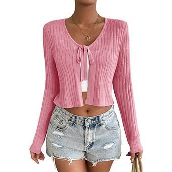 Women's Long Sleeve Knit Cropped Cardigan Tie Up Shrug Top